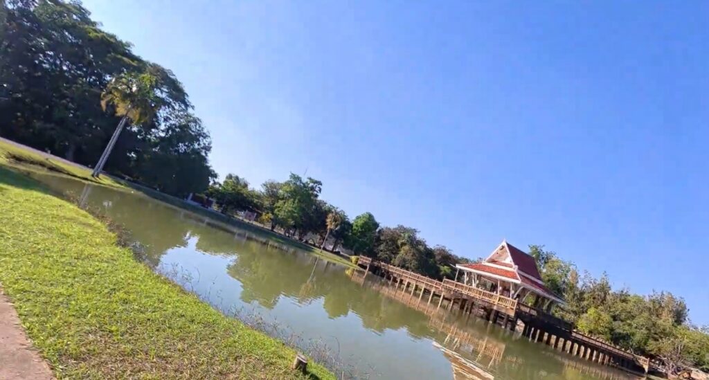 Sai Ngam Park and lakeside pavilion in Phimai, Thailand