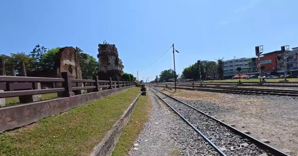 Wat Nakhon Kosa ruins overlooking the railway in Lopburi, Thailand
