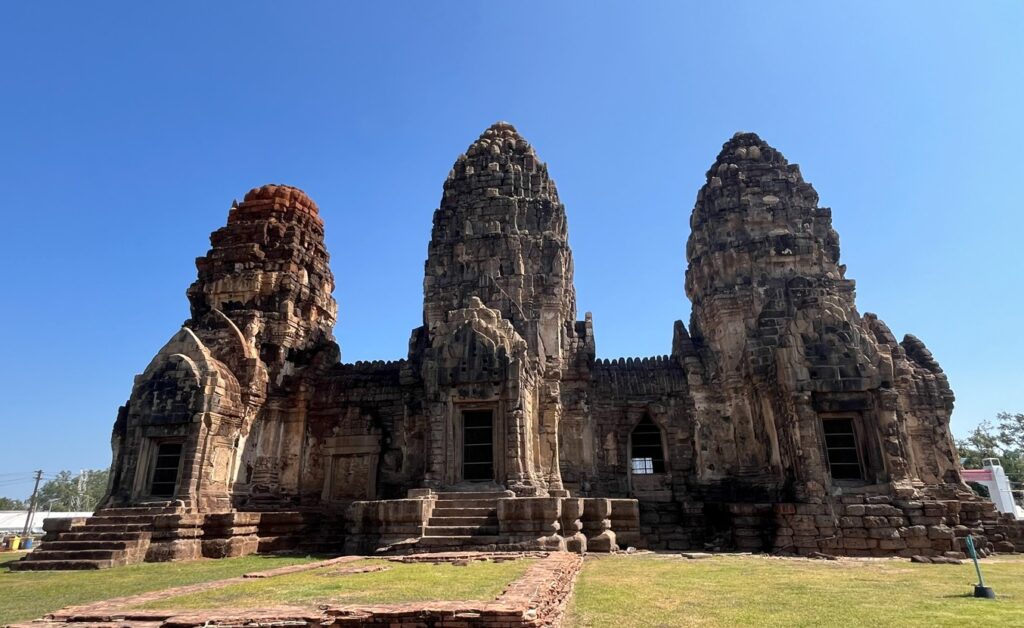 Ancient doorway and surviving Khmer architecture at Phra Prang Sam Yot in Lopburi
