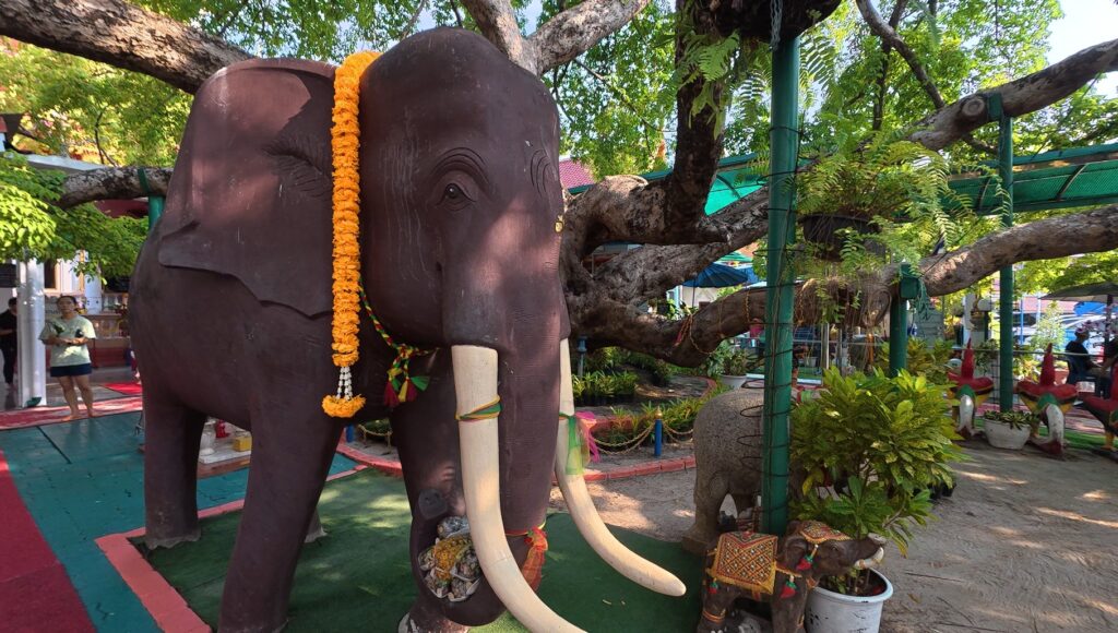 Elephant statue beneath the ancient tree at Wat Lum Mahachai Chumphon, Rayong.