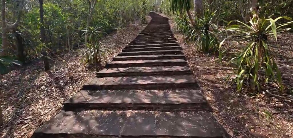 Forest steps leading up to Prasat Khao Noi in Sa Kaeo