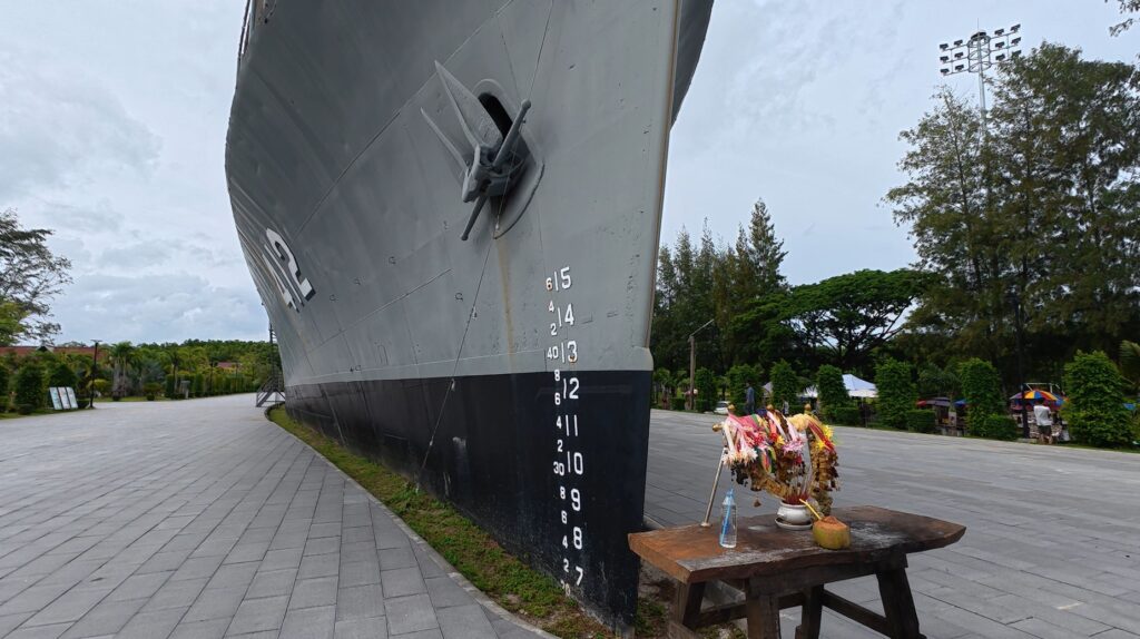 Bow of HTMS Prasae 412 viewed from the memorial park in Rayong