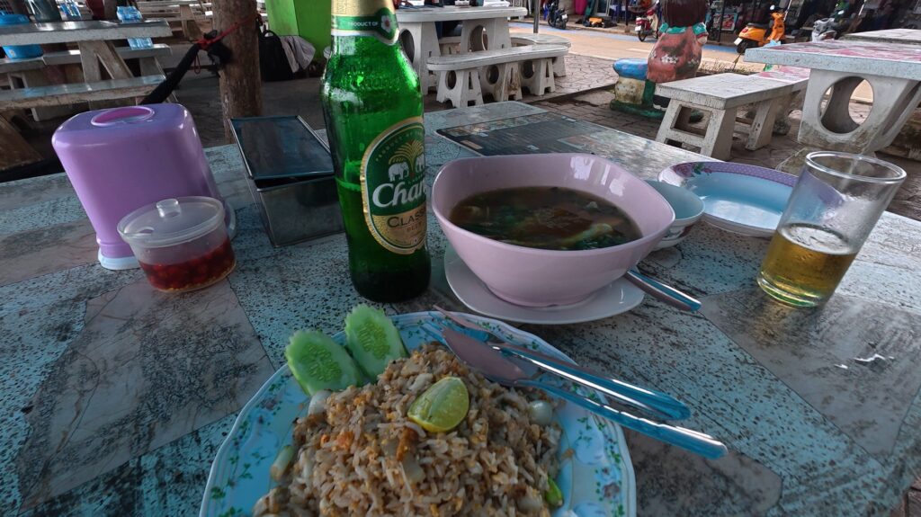 Fried rice and beer after visiting HTMS Prasae in Pak Nam Prasae
