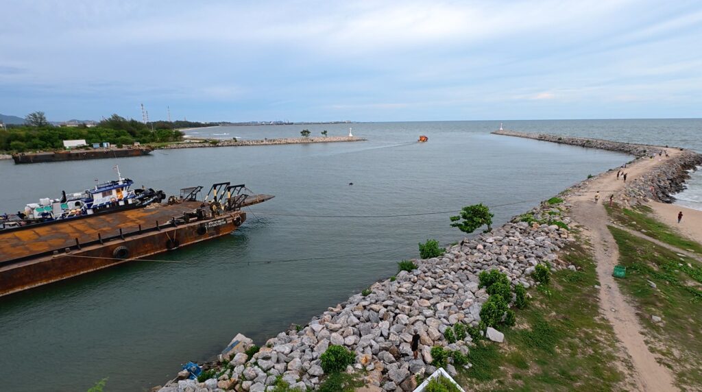 Rayong River, fishing community and sea viewed from Rayong Lighthouse