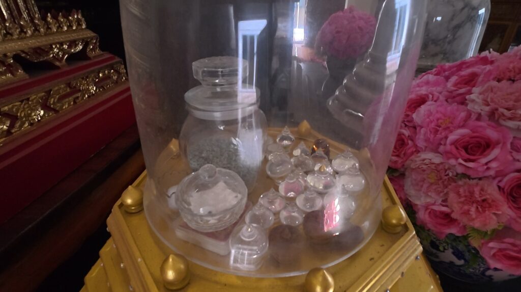 Sacred relics displayed inside Wat Tham Wattana Mongkol in Rayong Thailand