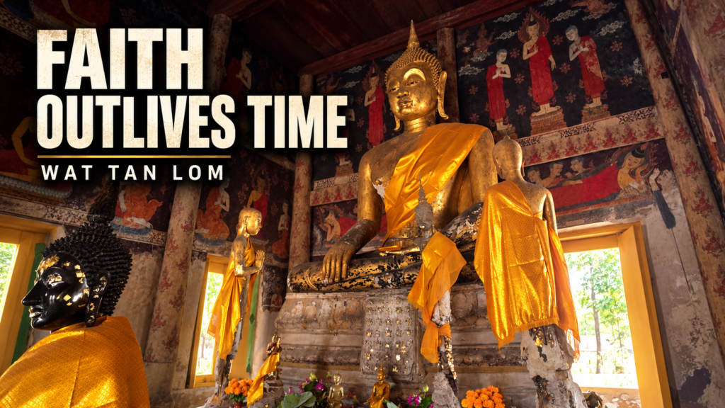 Old Buddha image and faded murals inside Wat Tan Lom’s historic ubosot in Chonburi