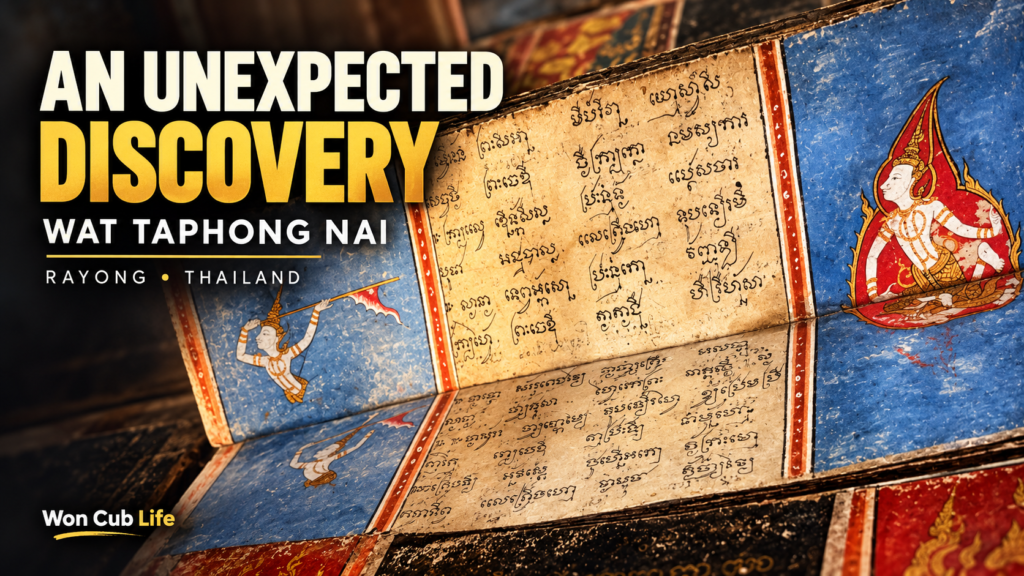 Illustrated folding manuscript with Khom script on display at Wat Taphong Nai in Rayong